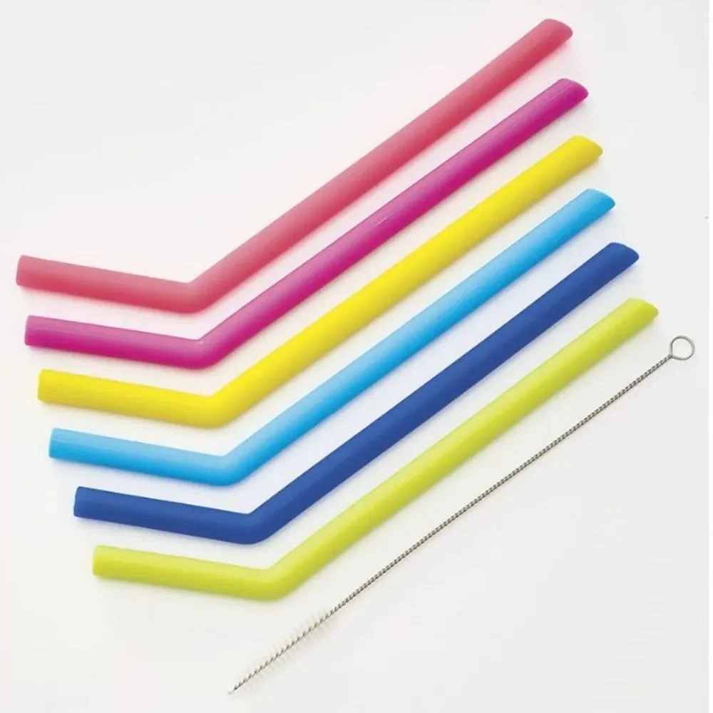 Unbranded Set of 6 Silicone bended reusable straws With Cleaning Brush